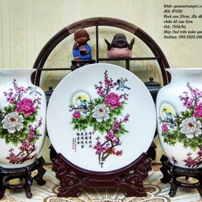 Bộ Bình Đĩa Chim Hoa Mẫu Đơn